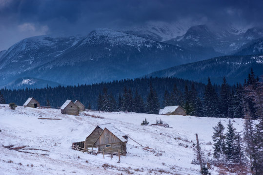 A small village in the snow-covered Carpathians