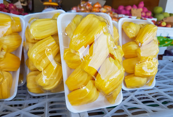 Jak fruit packed in plastic wrap Thailand. © chaiviewfinder