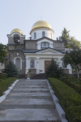 Fototapeta premium Temple Transfiguration in Hosta district of Sochi city at sunrise, Krasnodar region, Russia