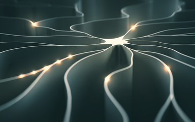 3D illustration, concept of artificial neuron with electrical pulses.