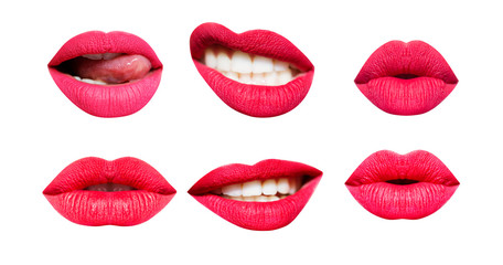 Fototapeta premium Woman's lip set. Girl mouth close up with red lipstick makeup expressing different emotions. Mouth with teeth, smile, tongue isolated on white background. Collection in different expressions