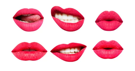 Fotobehang Woman's lip set. Girl mouth close up with red lipstick makeup expressing different emotions. Mouth with teeth, smile, tongue isolated on white background. Collection in different expressions © Tverdokhlib