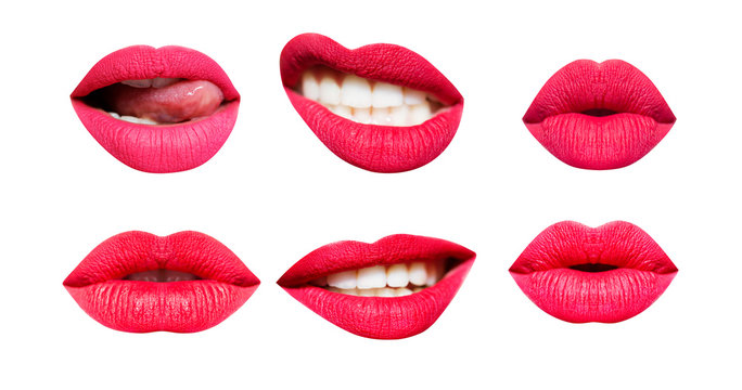 Woman's lip set. Girl mouth close up with red lipstick makeup expressing different emotions. Mouth with teeth, smile, tongue isolated on white background. Collection in different expressions