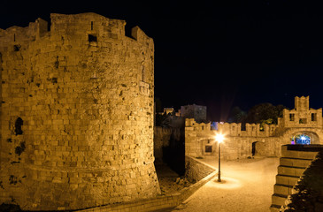 Fortress and lighthouse at harbor of Rhodes island in Greece