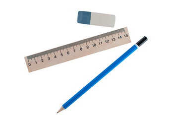 stationery - ruler an eraser and a pencil are isolated on a white background.