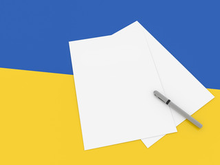 Notes On Ukraine: Blank Sheets of Paper With A Pen On Ukrainian Flag, 3d illustration