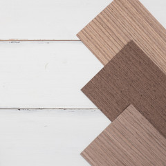 Samples of veneer wood on white background. interior design select material for idea.
