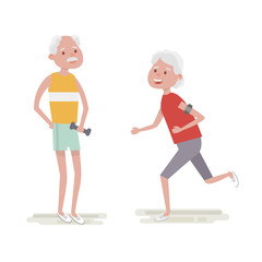 Obraz na płótnie Canvas Senior man make exercise with dumbbells. Elderly woman run with armband for jogging. Adult people sport activities. Vector Illustration