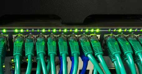 Close up of green network cables connected to switch glowing