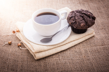 Fresh breakfast, hot coffee and cupcakes