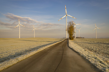 windmills on a frosty, winter field