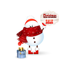 Christmas Cute Snowman with scarf and red santa claus hat , holds banner with Christmas sale with gift box isolated on white background. vector cartoon illustration.