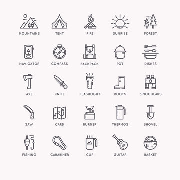Set of icons and symbols for camping and hiking.