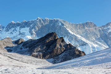 View from the Chhukhung Ri at the fourth in the world in the height of mount Lhotse (8516 m) and...