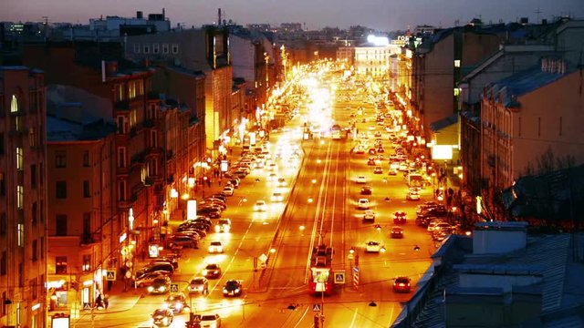 St Petersburg, Russia time-lapse. Night view of Ligovsky Prospect in the center of Saint Petersburg, Russia. Sunset sky, car traffic light trails