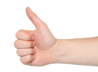 Man hand with thumb up isolated on white background .