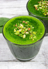 Slimming cocktail with spinach. Glasses of spinach juice.