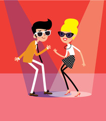 Retro style dressed dancing love couple. Twist vector illustration