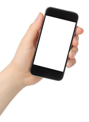 Hand holding smart phone isolated on white background