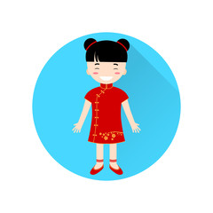Chinese Girl flat icon on the blue circle with long shadow.