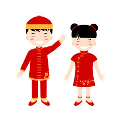 Chinese children - boy and girl isolated on the white background.