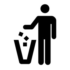 Keep clean icon. Do not litter sign. Silhouette of a man, throwing garbage in a bin, isolated on white background. No littering symbol in square. Public Information Icon. Stock vector illustration