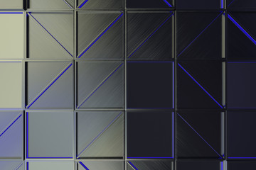 Wall of brushed metal tiles with diagonal glowing elements