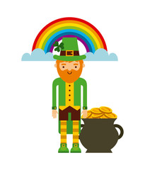 cartoon irish leprechaun man with A Pot with Gold coins and rainbow  icon over white background. Saint Patrick's Day concept. colorful design. vector illustration