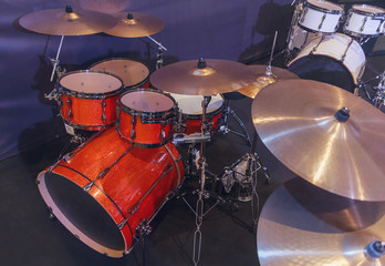 Fototapeta na wymiar Drums studio in a dark room. Musical instruments