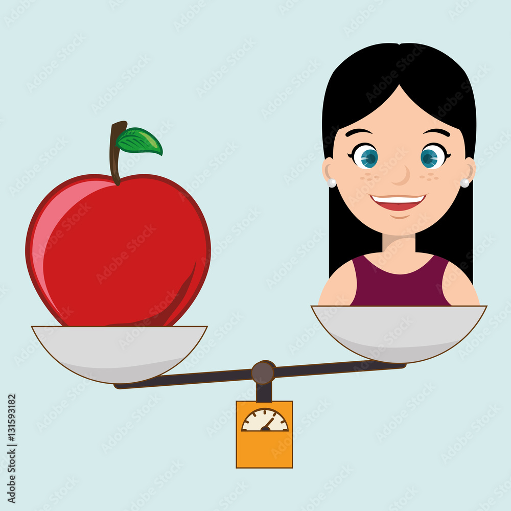 Sticker woman cartoon fruit food balance vector illustration eps 10