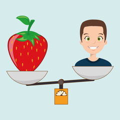 woman cartoon fruit strawberry food balance vector illustration