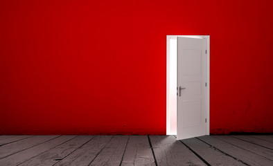 Open white door in a empty red room. 3D illustration