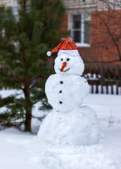 Obraz premium Snowman in a red cap of Santa Clau