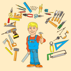Fototapeta na wymiar Handyman and set of hand tools for productive work. Vector illustration.