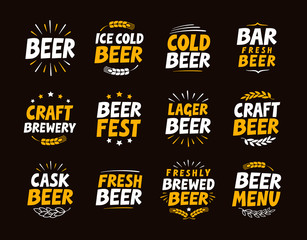 Brewery set logo, label, element. Craft beer emblem, template, symbol. Vector illustration