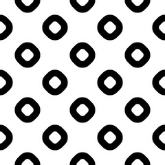 Vector monochrome seamless pattern, simple geometric texture with circles & rings, black & white symmetric abstract repeat background. Design element for prints, decoration, textile, furniture, cloth