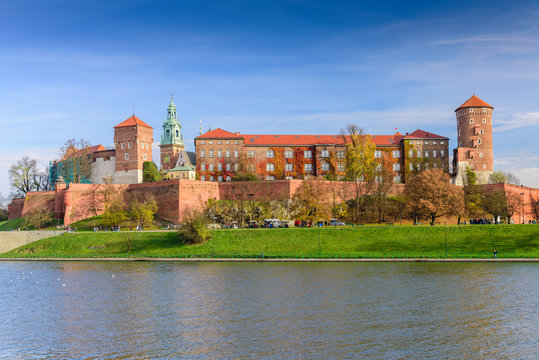 The view of Wawel castle located on bank of Vistula river in Krakow city, Poland.