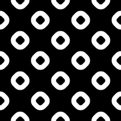 Vector monochrome seamless pattern, simple dark geometric texture with circles & rings, black & white symmetric abstract repeat background. Design element for prints, decoration, textile, furniture