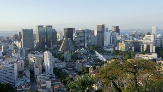 Brazil, City of Rio de Janeiro, City Center Skyline day to night timelapse viewed from the Parque das Ruinas in Santa Teresa.
