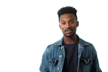 young man wearing blue jeans jacket on white background