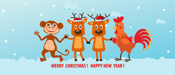 Two funny christmas reindeer, monkey and rooster