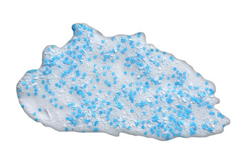 Big transparent nail polish blot with decorating blue and white particles, isolated on white background, clipping path included