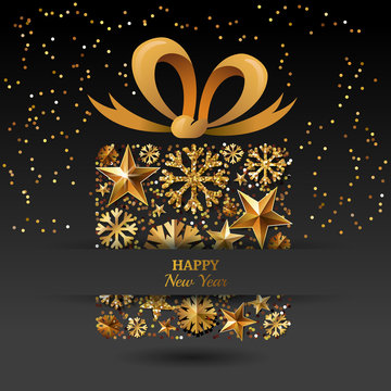 New Year vector greeting card template. Gift box with 3d gold stars, snowflakes and bow ribbon. Winter holiday golden illustration. Design for for banner, party invitation, flyer for gift shop.