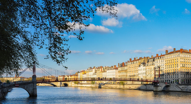 The Saône River and a pedestrian bridge in Lyon, France, Europe