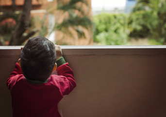 Little boy staring out of window, rear view