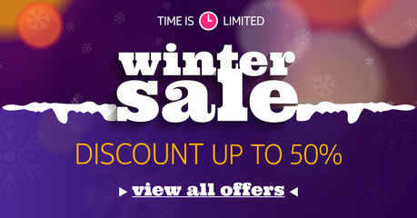 Winter sale social network banner with snow, color background, snowflakes and discount.
