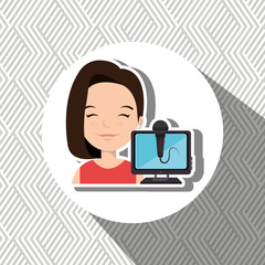 woman cartoon speak microphone screen pc vector illustration