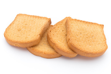 Slices of toast bread on wooden table, top view.
