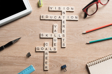 Conceptual keywords on wooden table with elements of game making crossword