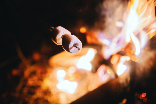 Roasting marshmallows on a stick over an open campfire.